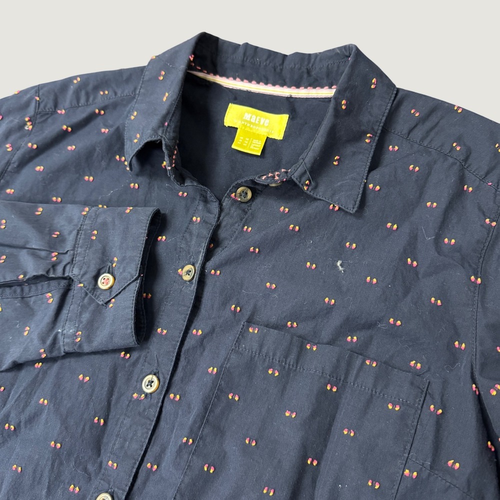 Maeve Anthropologie Navy Blue Embroidered Clip Dot Button Down Shirt Size 12